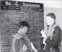 Fg Off Tony ‘Bugs’ Bendell being briefed during a IV(AC) Squadron Sylt Armament Practice Camp by Fg Off Alan Pollock (right in dyed, rifle green 26 (AC) Sqn flying suit) probably in March 1958