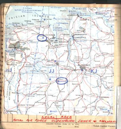 Our 1957 NW Germany 1:1,000,000 scale high level flying map from my logbook. RAF Jever in the north and Ahlhorn in the south have been ringed. The airfield at Oldenburg can be seen more than halfway between these bases, with Nordhorn bottom left and Wunstorf bottom right on this small section.